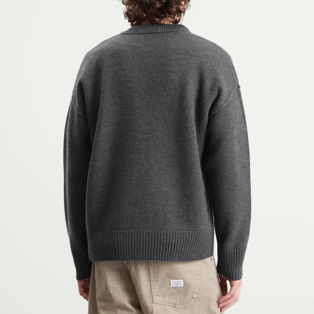 AMI Paris Men's Felted Merino Wool Knit ADC Crew Neck Jumper Gris Chine / Rouge